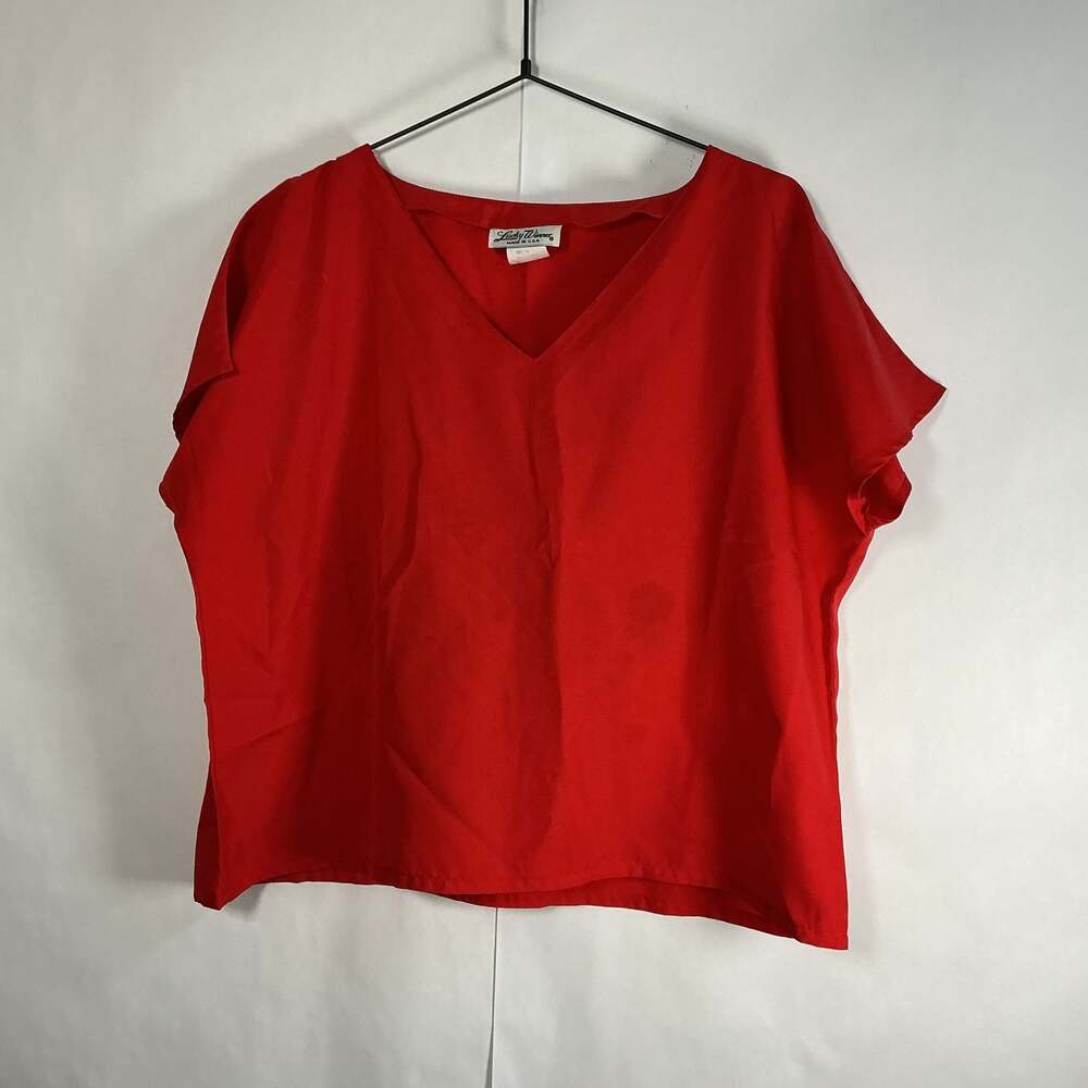 Lucky Winner Vintage Red V-Neck Short Sleeve Polyester Blouse Made In USA